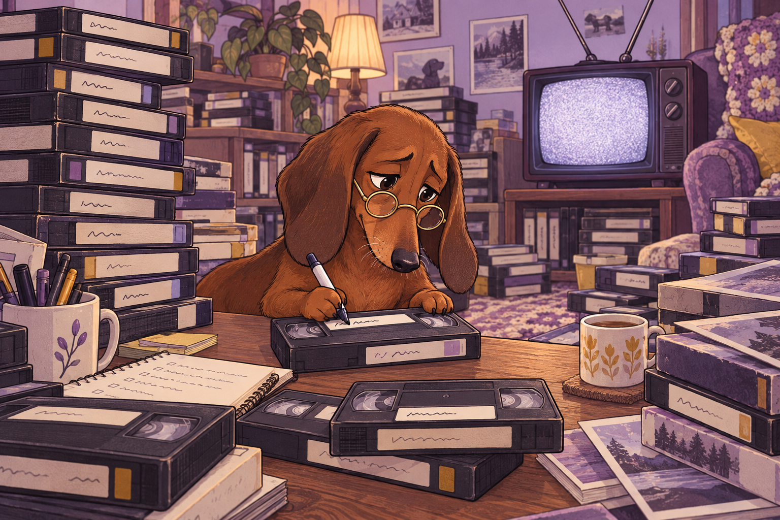 An illustrated dachshund labelling VHS tapes.
