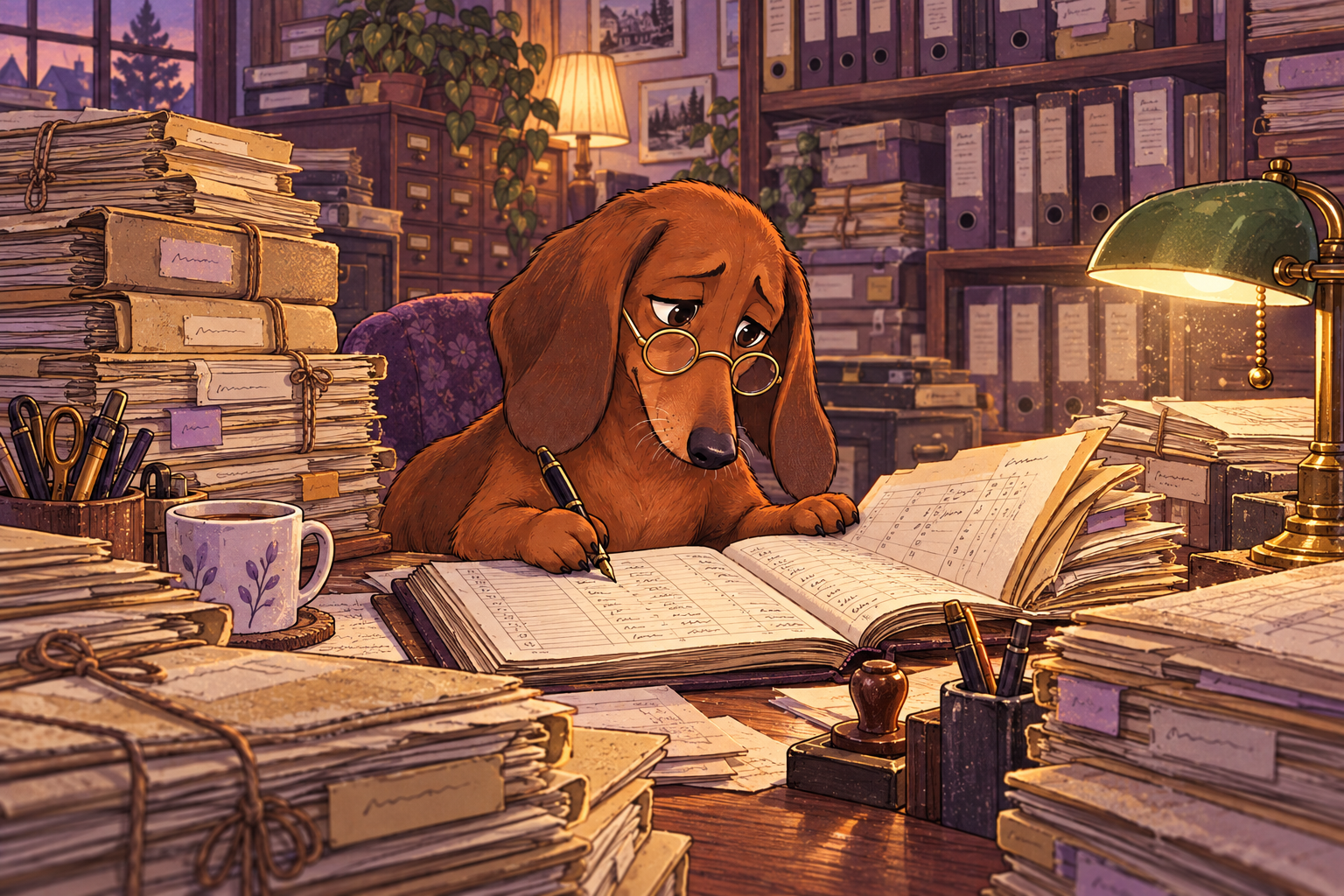 A cartoon dachshund accountant inspecting dusty files and folders and correcting a ledger with a pen.